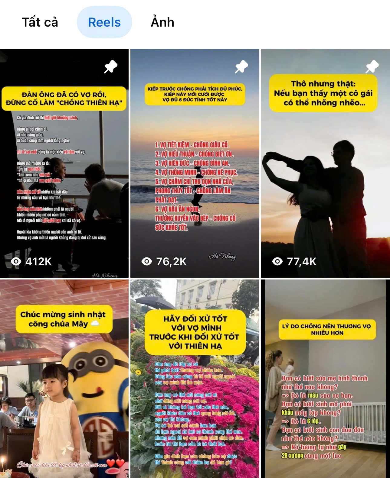 Ảnh chụp kết quả Reels thật của Hà Nhung — nhiều video hàng trăm nghìn view