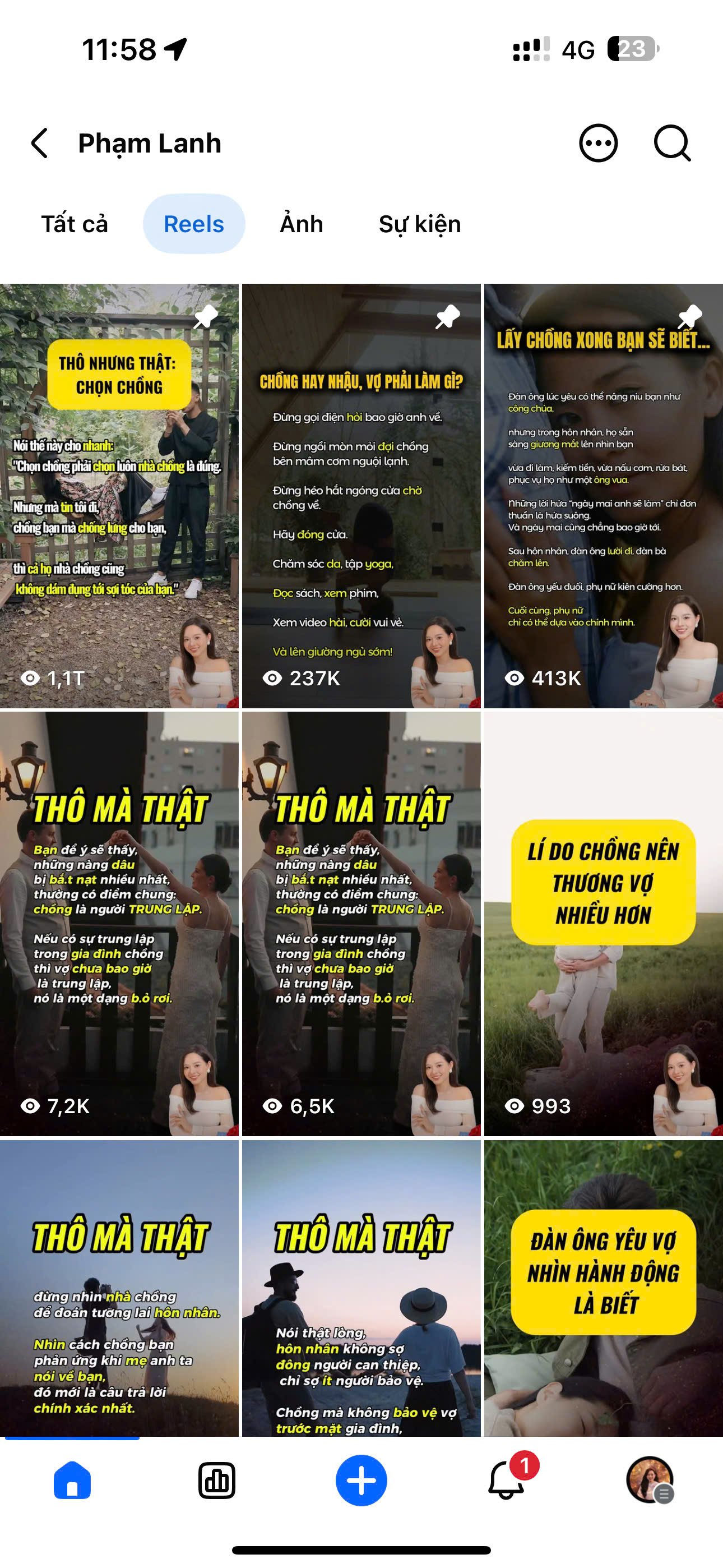 Ảnh chụp kết quả Reels thật của Phạm Lanh — nhiều video trăm nghìn đến triệu view