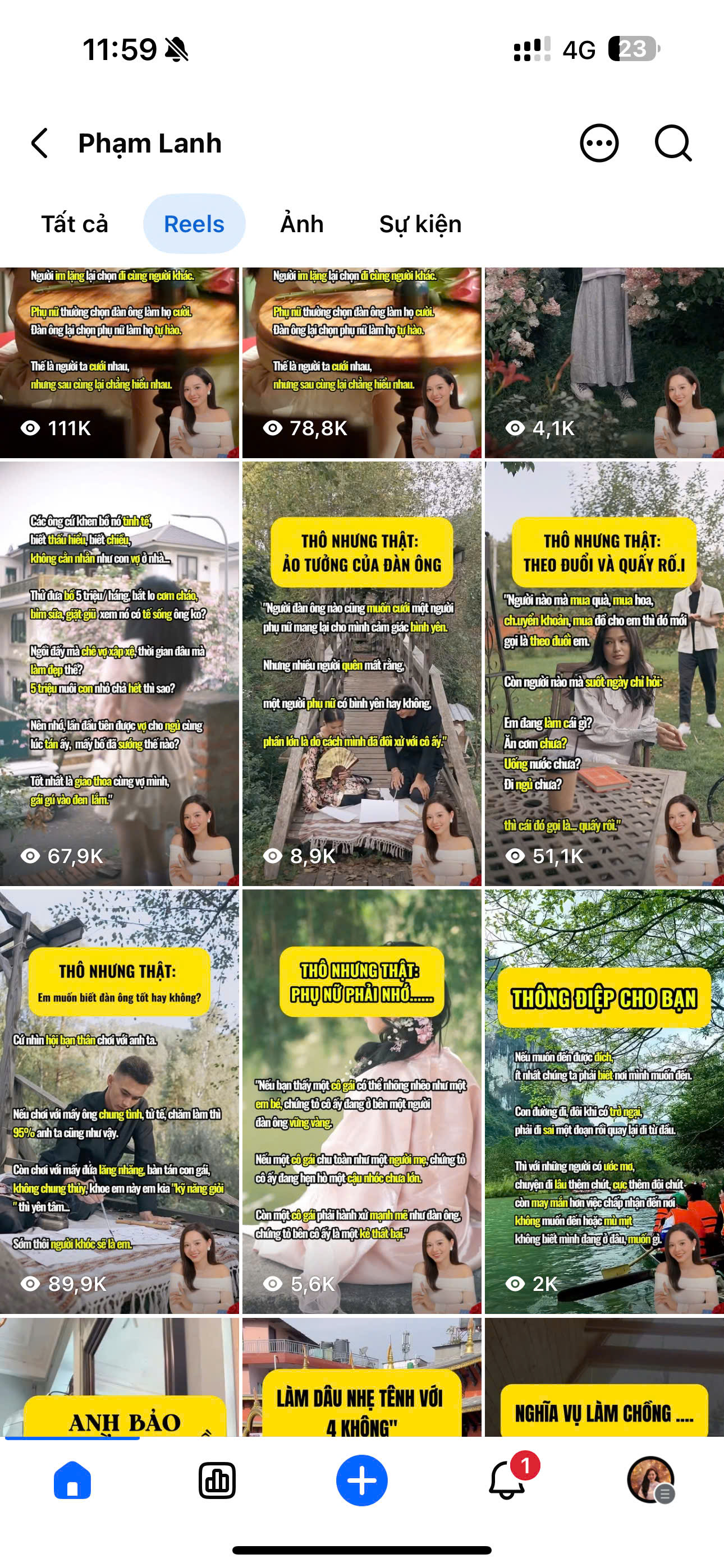 Ảnh chụp kết quả Reels thật của Phạm Lanh — nhiều video trăm nghìn view